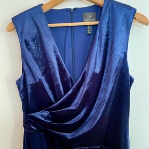 Adrianna Papell Velvet Draped Faux Wrap Sheath Dress Sleeveless Navy Blue Size 6